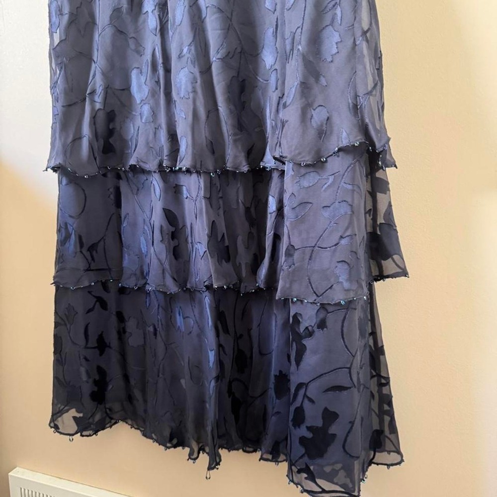 Vintage 90s Y2K 100% Silk Navy Blue Tiered Maxi Dress Burnout Plus Size Large XL - Picture 3 of 8